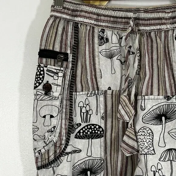 Rising International Mushroom Print Pants Size Medium Patchwork Pockets Pull On - Picture 4 of 10